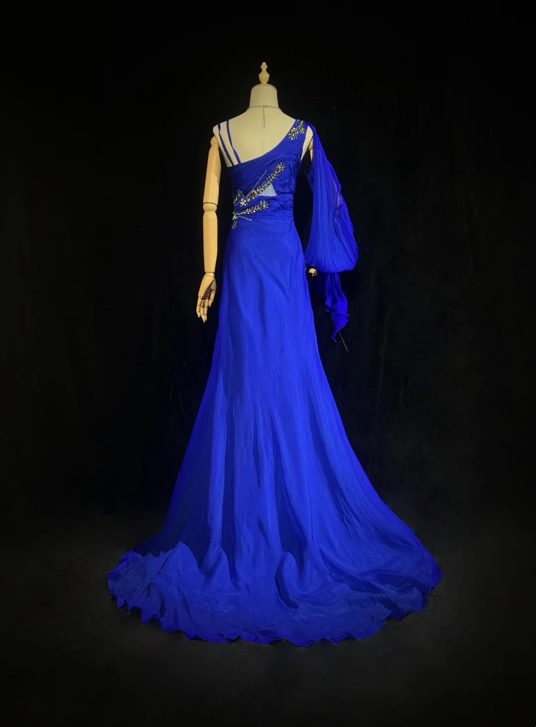 Vintage Prom Dresses Inspo Mermaid One Shoulder Royal Blue With Long Sleeve Beads 80s Long Formal Gown N2740