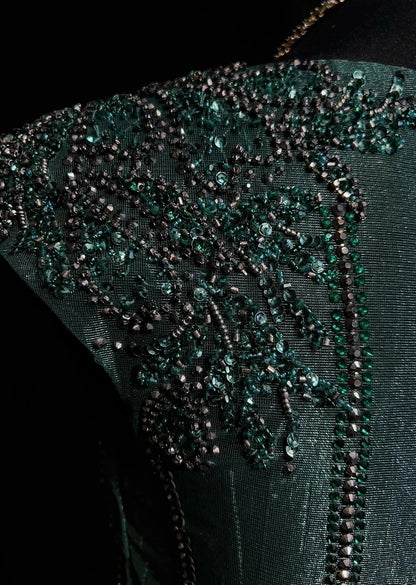 Vintage Prom Dresses A line Scoop Dark Green Tulle With Beading 90s Formal Gown N2590