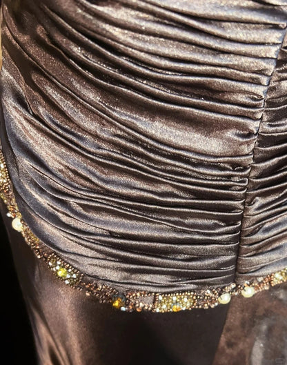 Vintage Prom Dresses A Line Halter Brown Sleeveless Satin With Cape Beading 1980s Long Formal Gown N2864