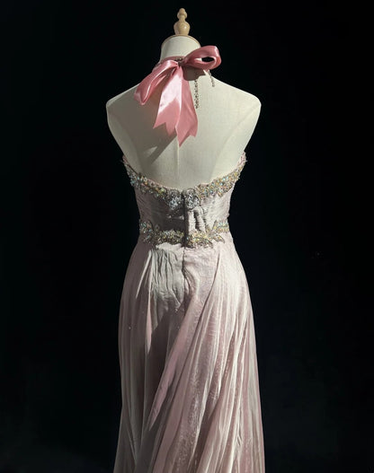 Vintage Prom Aesthetic Dresses A Line Halter Light Pink Chiffon With Beading Long Formal Dress N3034