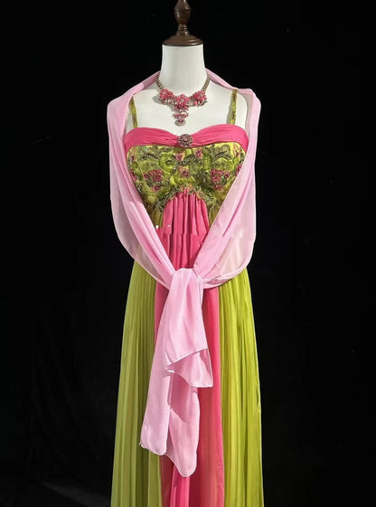 Vintage Prom Dresses A line Spaghetti Strap Pink Green Chiffon With Beading 1960s Long Formal Gown N2610