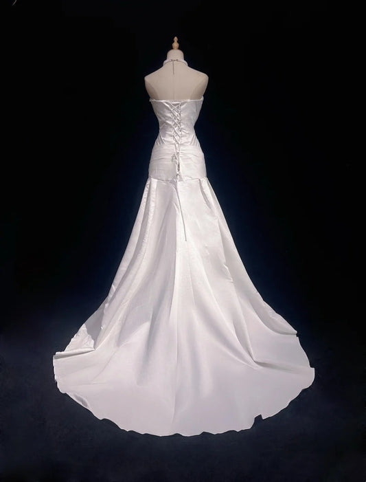 Vintage 90s Prom Dresses Mermaid Strapless White Chiffon With Ruffled Beads Long Prom Gown N3036