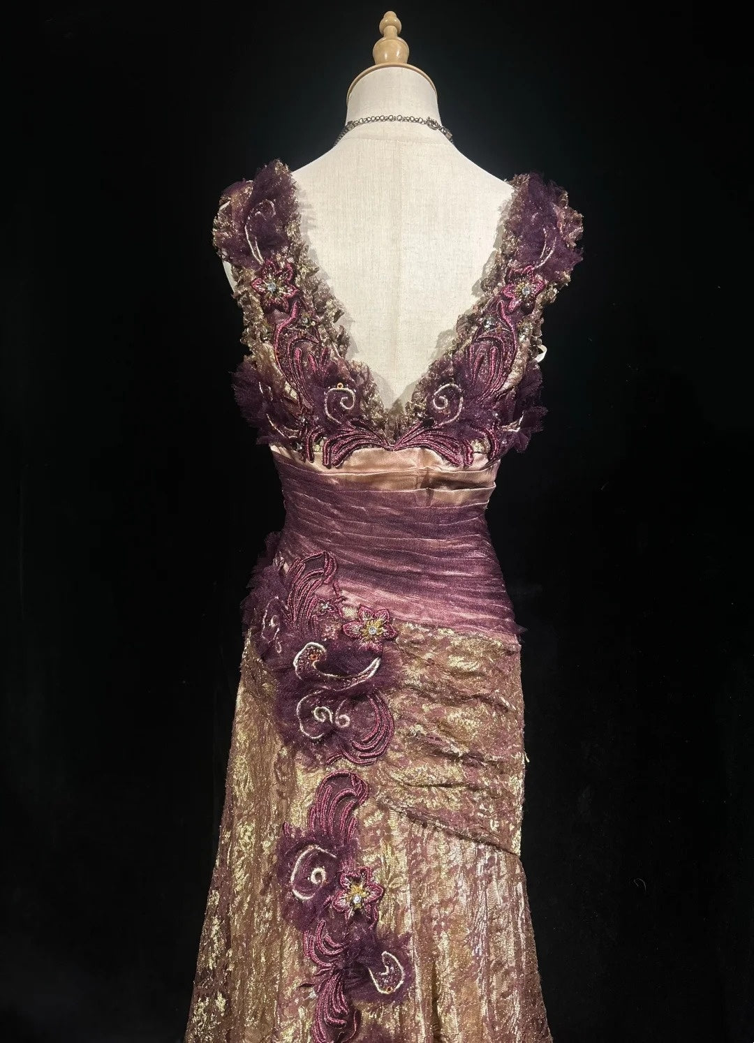 Vintage Prom Dresses Mermaid V Neck Gold Lace With Flowers 80s Long Formal Evening Outfits N3881