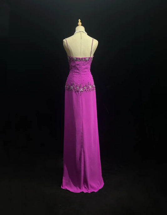 Vintage Prom Dresses A Line Spaghetti Strap Grape Chiffon With Beading Split Long Formal Dress N2456