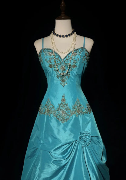 Vintage Prom Dresses Aesthetic 80s Retro Ball Gown Spaghetti Strap Blue Taffeta Floor Length Evening Outfits N2329