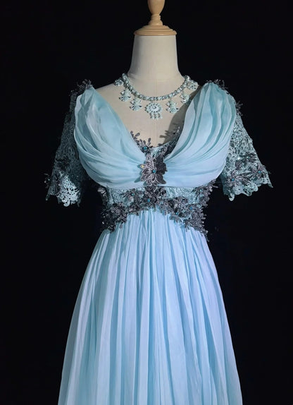 Vintage Prom Dresses 1960s A line V Neck Light Sky Blue Chiffon With Appliqued Long Prom Gown N3109