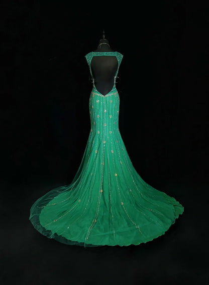 Glamorous Prom Dresses Mermaid V Neck Green Tulle Backless With Beaded Formal Dress N2872