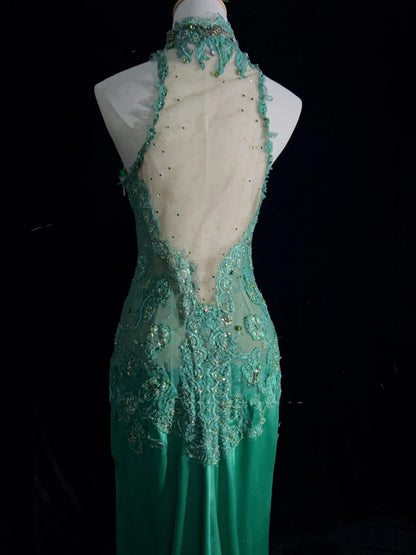 Vintage Prom Dresses 90s Mermaid High Neck Green Satin With Applique Slit Long Semi Formal Evening Outfits N3662