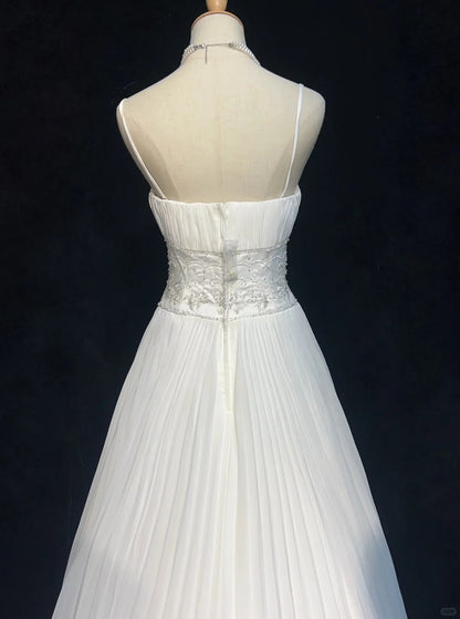 Vintage 90s Wedding Dresses A Line Spaghetti Strap Chiffon White Pleated Summer Garden Long Bridal Gown N3830