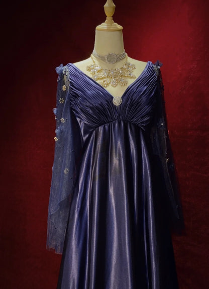 Vintage Prom Dresses Inspo A Line Empire V Neck Navy Blue Satin 90s With Sleeves Formal Gowns N3314