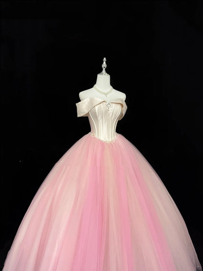 Tulle Prom Dress Long Floor Length Ball Gown Off Shoulder Blush Pink With Sleeves Formal Evening Gown For Women RC0257