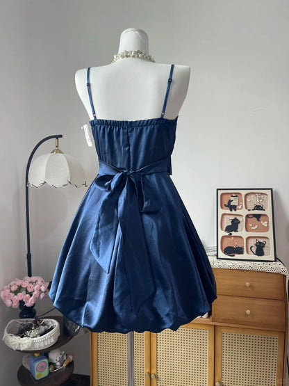 Vintage Ball Gown Spaghetti Strap Navy Blue Satin 16th Birthday Homecoming Dress Graduation Outfit RB6791