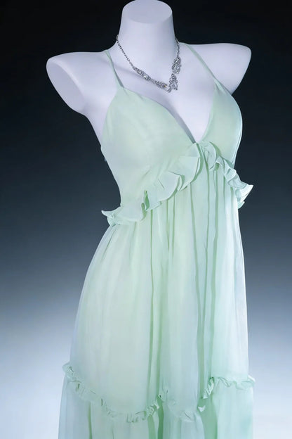 Pretty Prom Dresses A Line Halter Sage Green Chiffon Backless Long Formal Dress N3044