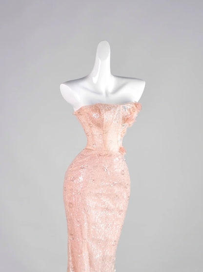 Classy Mermaid Pink Strapless Sequin Sleeveless Senior Prom dresses High School Formal Dress N1287