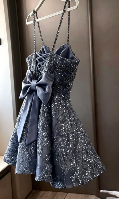 Classy Ball Gown Spaghetti Straps Dusty Blue Sequin Mini Short High School Impress Inspo Graduation Dress Homecoming Dresses RB3322
