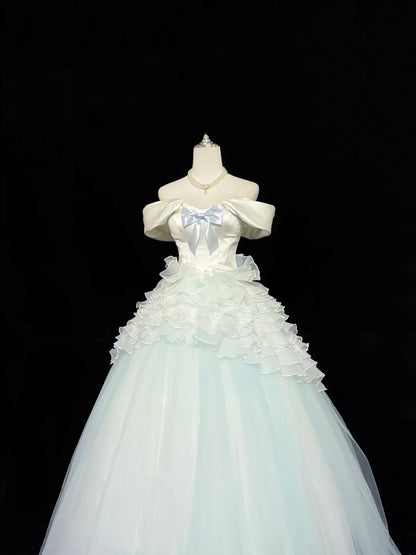 Tulle Prom Dress Long Floor Length Ball Gown Off Shoulder With Bow-knot Formal Evening Gown For Women RC0246