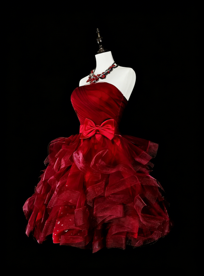 Unique Ball Gown Strapless Burgundy Tulle Inspo 2000s Hoco Gowns Short Inspo Homecoming Dresses N1364