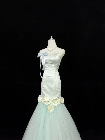 Prom Dress Long Floor Length Mermaid Sweetheart Tulle Sage Green With Flowers Formal Evening Gown For Women RC0307