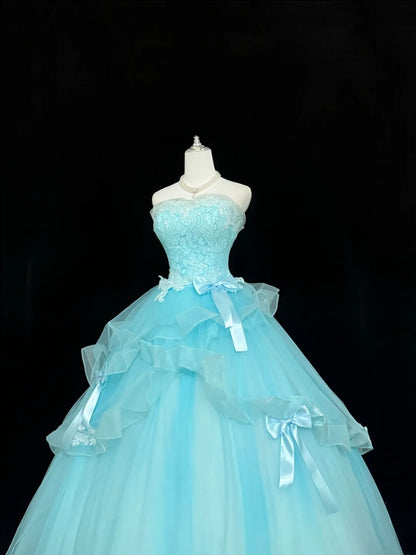 Blue Sweet 16 Dresses Long Ball Gown Strapless Lace Tulle Formal Sweet Sixteen Birthday Gown RC0243