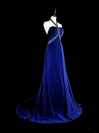Vintage A line Royal Blue Chiffon 90s Evening Gowns Formal Birthday Dress Long Prom Dresses N1751