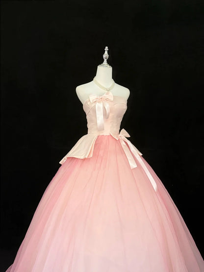 Cute Sweet 16 Dresses Long Ball Gown Strapless Blush Pink Tulle Formal Sweet Sixteen Birthday Gown RC0253