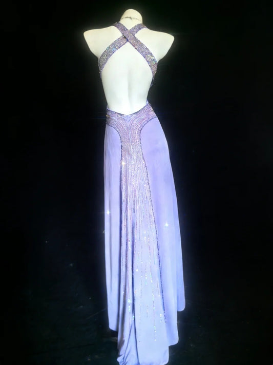 Sparkly Prom Dresses Mermaid Spaghetti Strap Lilac Backless With Beading Long Formal Gown N2958