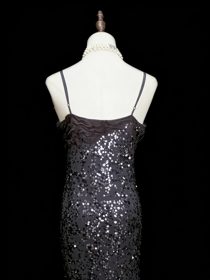 Vintage Fashion Night Aesthetic Mermaid Spaghetti Straps 80s 70s 90s Silver Grey Sequin College Formal Outfit Long Prom Graduation Dresses N1145