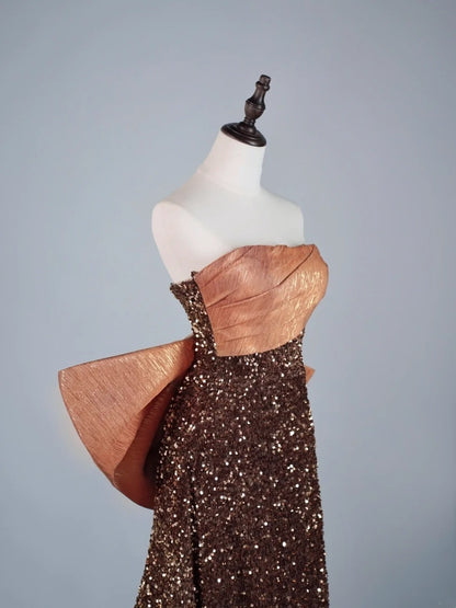 Cute A Line Strapless Brown Sequins Senior Prom Dresses High School Long Formal Dress N1279