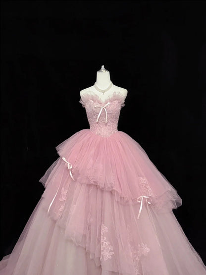 Sweet 15 Quinceanera Dress Ball Gown Sweetheart Pink With Lace Appliqued Tiered 15th Birthday Gown RC0237