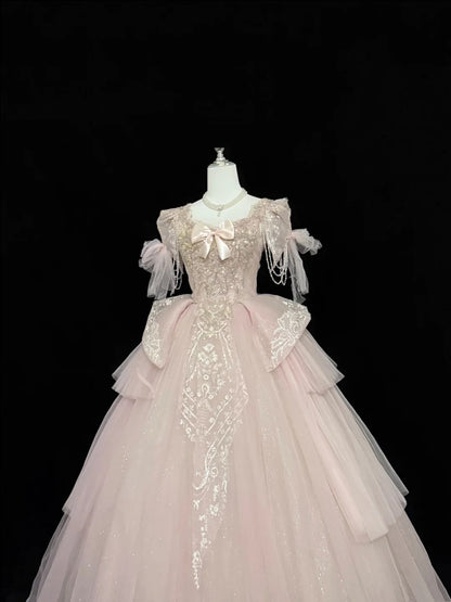 Sweet 16 Dresses Long Ball Gown Squaure Neck Pink With Lace Appliques Sweet Sixteen Birthday Gown RC0325