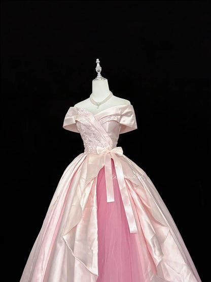 Tulle Prom Dress Long Floor Length Ball Gown Off Shoulder Pink With Bow-knot Lace Formal Evening Gown For Women RC0255