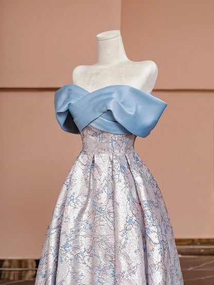 Gorgeous A line Off The Shoulder Blue With Sleeves Satin Formal Evening Dress Gowns Prom Dresses N726