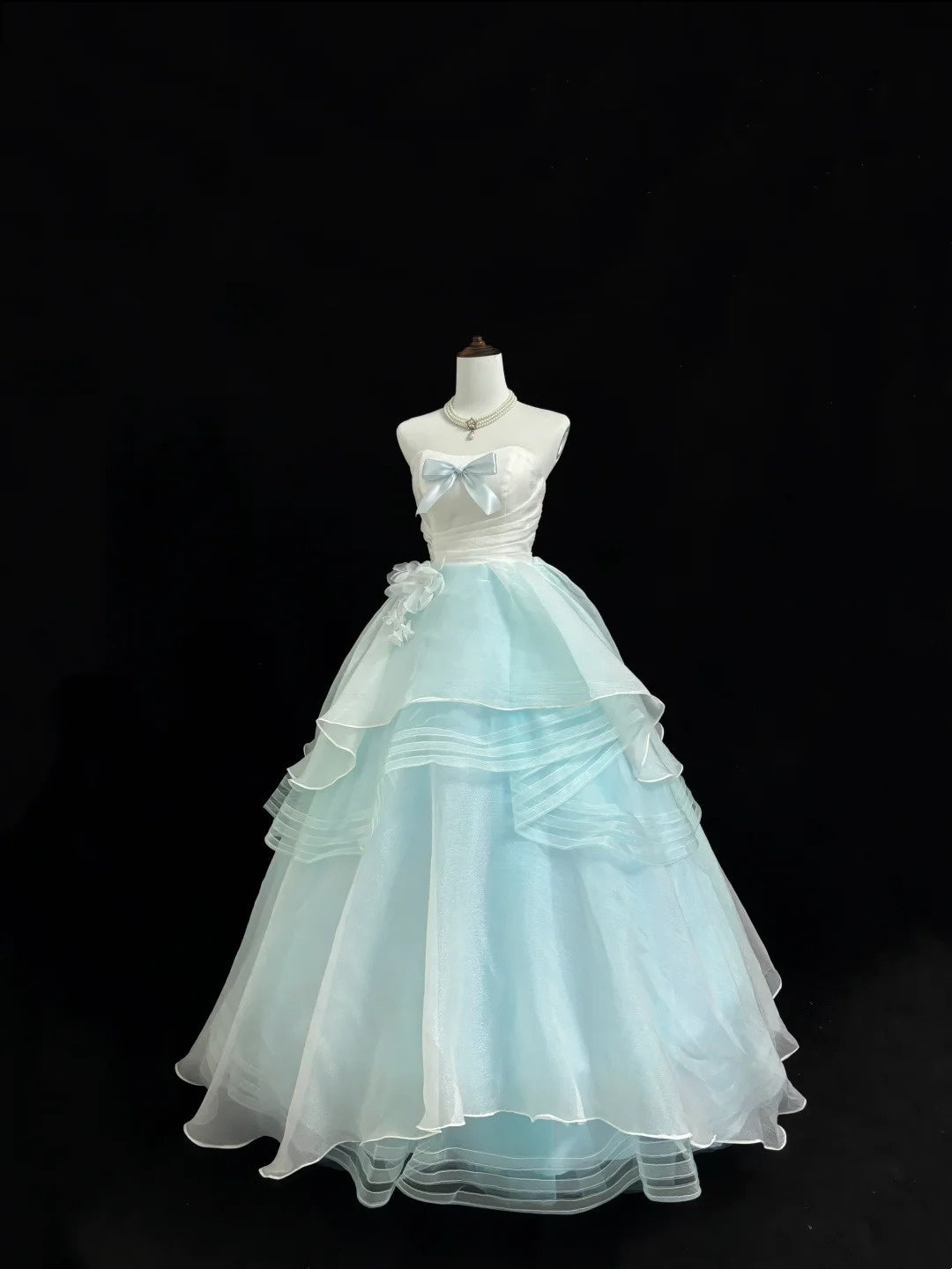 Blue Prom Dress Long Floor Length Ball Gown Sweetheart With Bow-knot Tulle Formal Evening Gown For Women RC0225