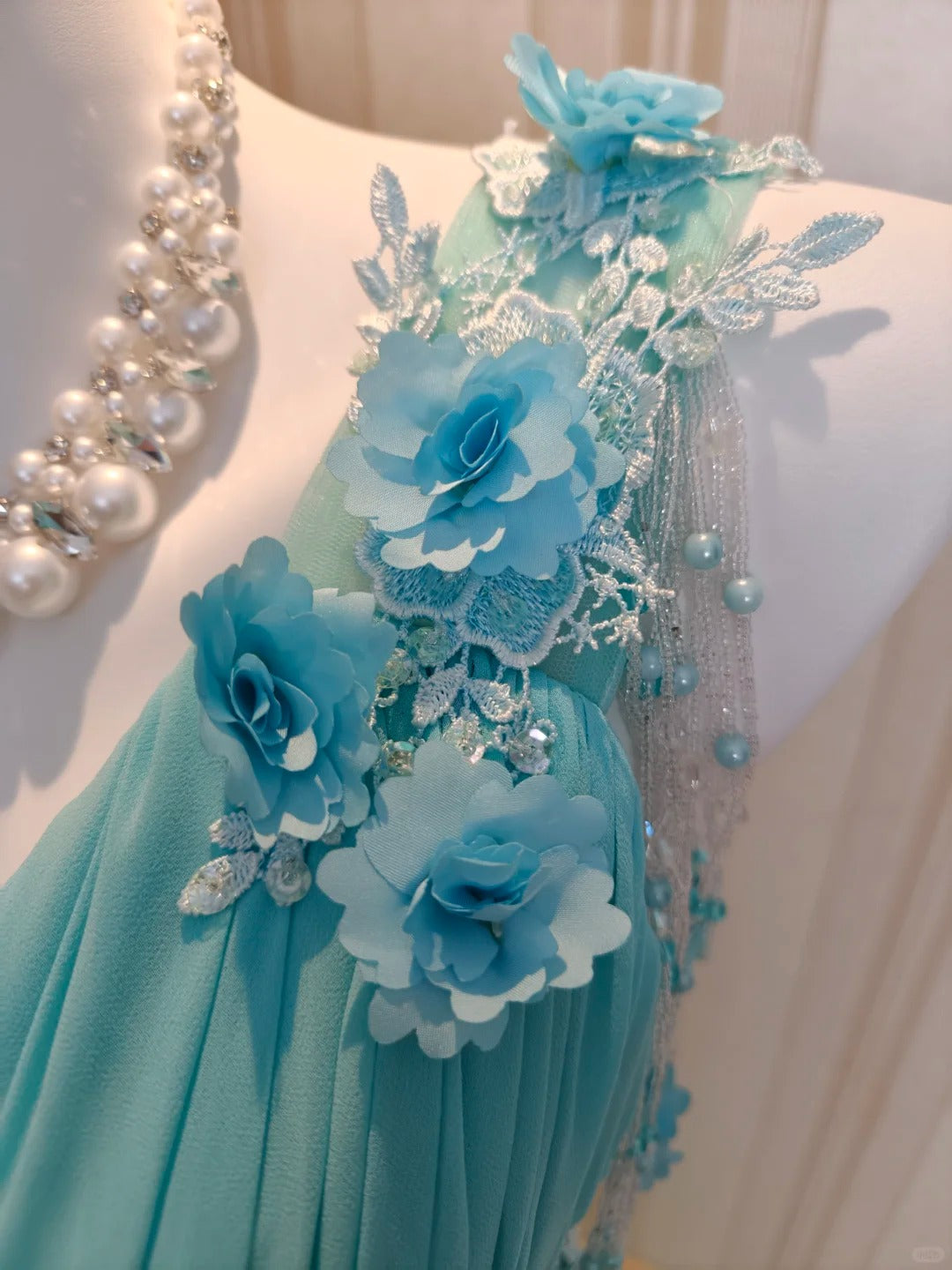 Vintage Prom Dresses A line One Shoulder Blue Chiffon 80s With Flowers Long Formal Evening Outfits N4217