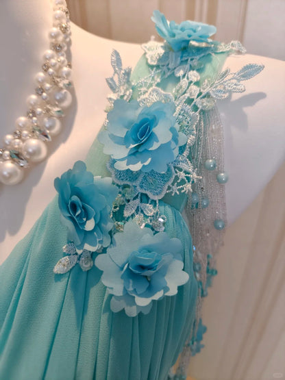 Vintage Prom Dresses A line One Shoulder Blue Chiffon 80s With Flowers Long Formal Evening Outfits N4217