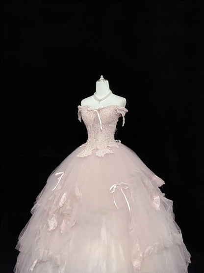 Sweet 15 Quinceanera Dress Ball Gown Off Shoulder Blush Pink With Tiered Long 15th Birthday Gown RC0289
