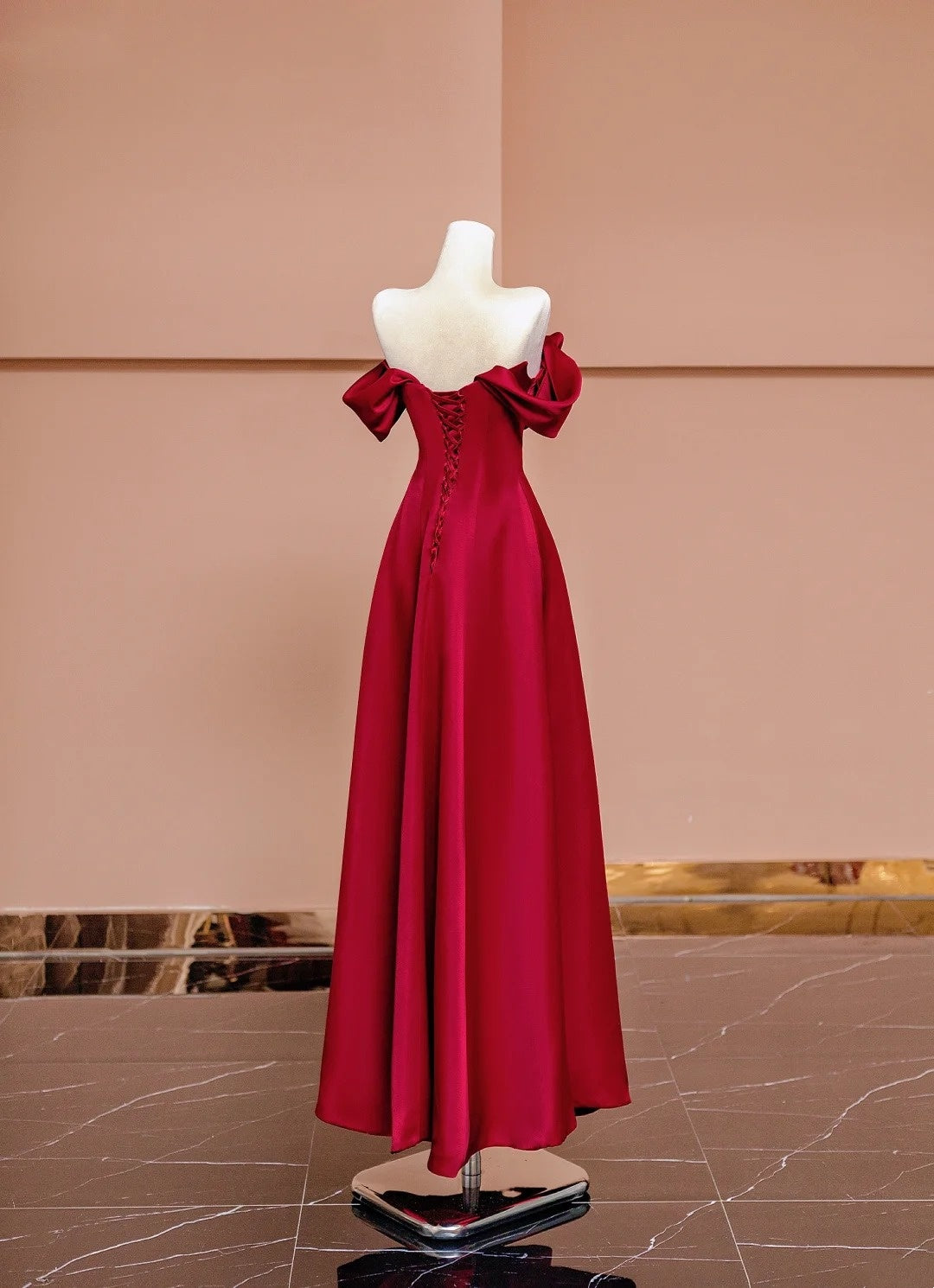 Gorgeous A line Off The Shoulder Burgundy Satin With Short Sleeves Formal Evening Dress Gowns Long Prom Dresses N722