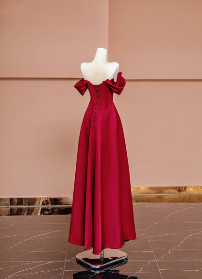 Gorgeous A line Off The Shoulder Burgundy Satin With Short Sleeves Formal Evening Dress Gowns Long Prom Dresses N722