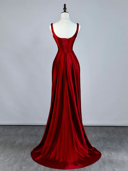 Stunning Mermaid Square Neck Burgundy Satin Long Prom Dresses Inspiration Evening Dress Princess Graduation Gown N1086