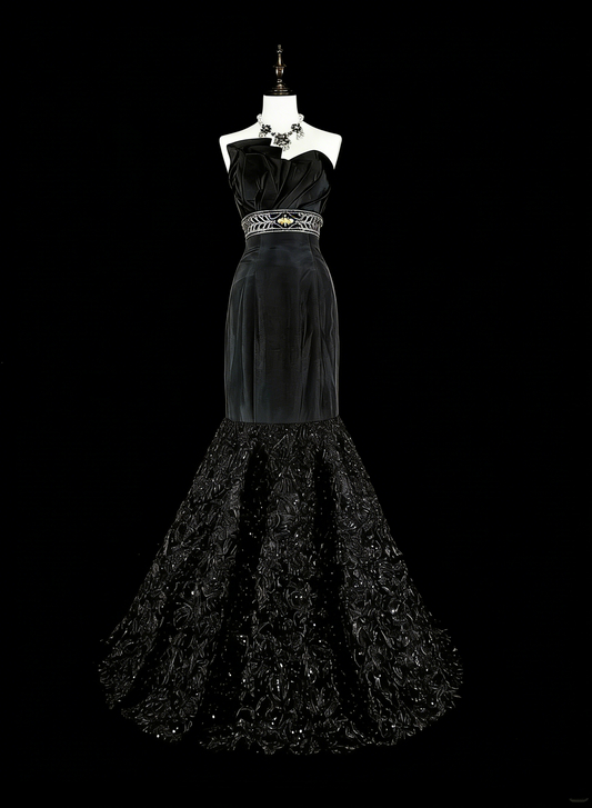 Vintage Prom Dresses Aesthetic 1970s Retro Mermaid Black Satin Long Formal Dress N2151