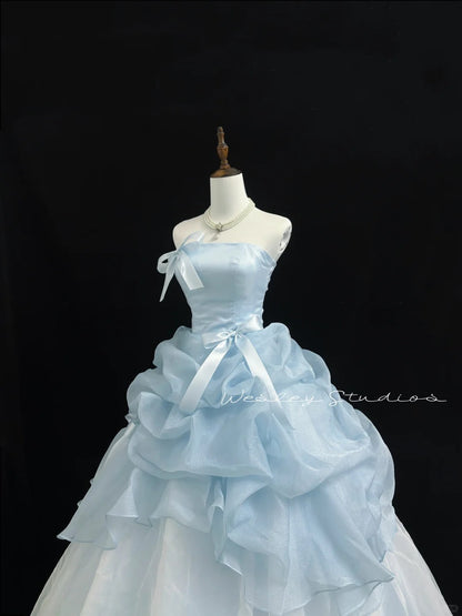 Light Blue Prom Dress Long Floor Length Ball Gown Strapless With Bow-knot Formal Evening Gown For Women RC0226