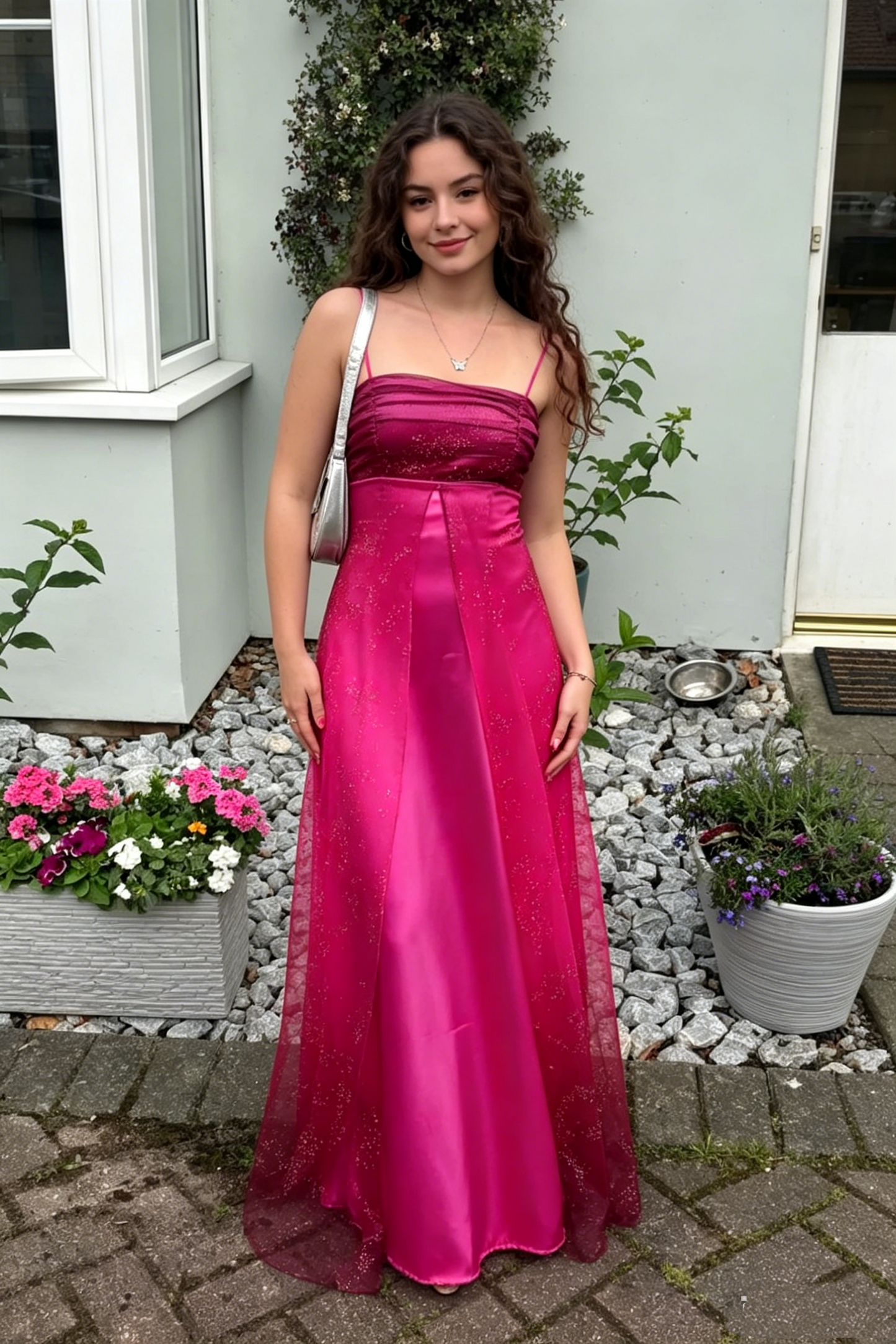 Vintage A Line Spaghetti Strap Hot Pink Sleeveless Long Prom Dresses For Women N4189