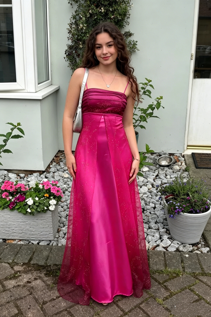 Vintage A Line Spaghetti Strap Hot Pink Sleeveless Long Prom Dresses For Women N4189