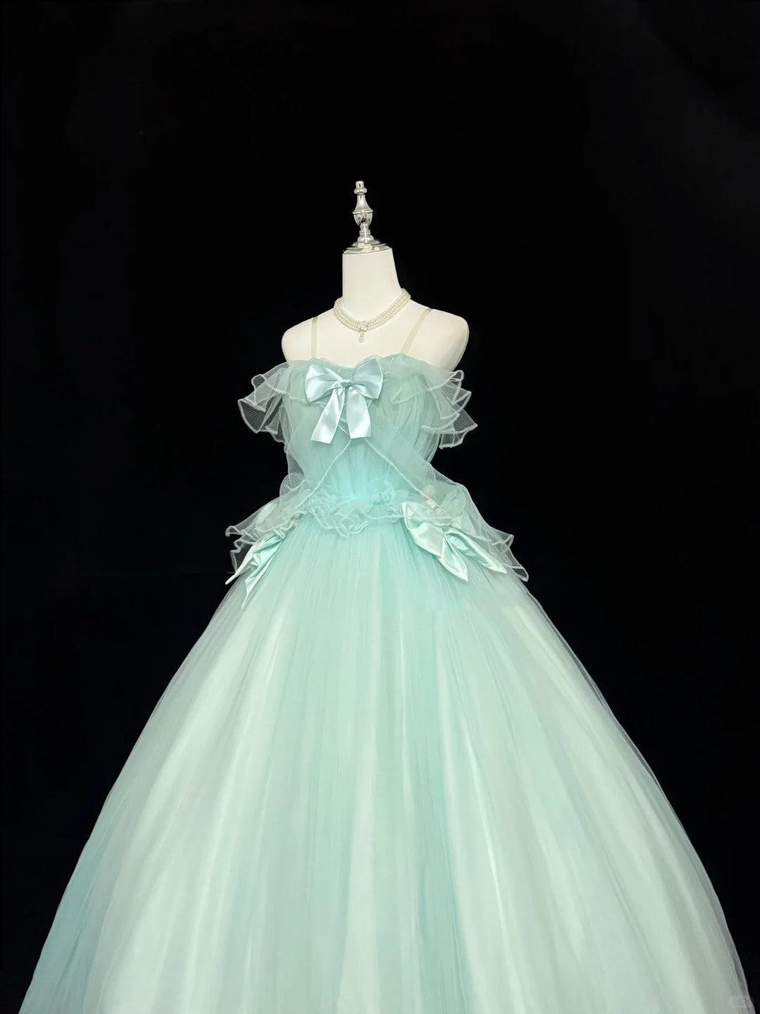 Mint Green Prom Dress Long Floor Length Ball Gown Straps With Bow-knot Formal Evening Gown For Women RC0244
