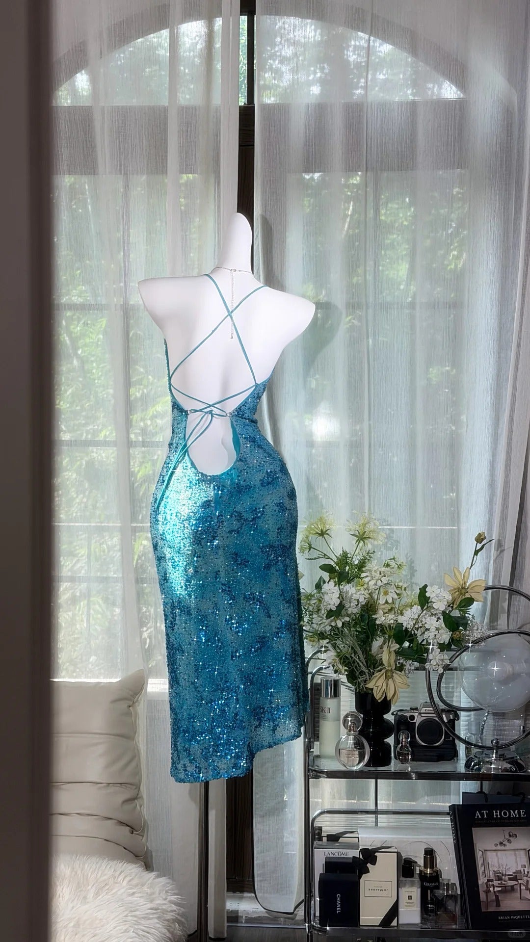 Classic Mermaid Halter Blue Sequin With Beads Midi Tea Length Prom Dresses Inspo Formal Outfits RB4509