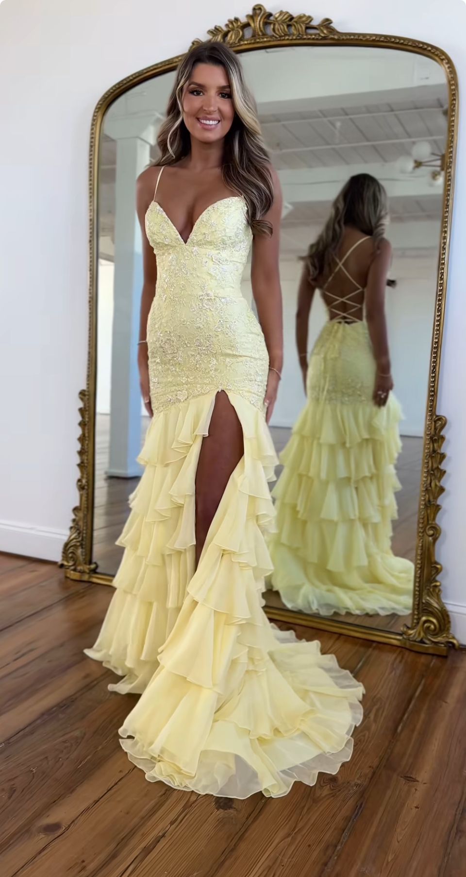 Elegant Mermaid Spaghetti Straps Yellow Sleeveless Lace Slit Long Tulle Prom Dresses Vestidos De Dia AB575