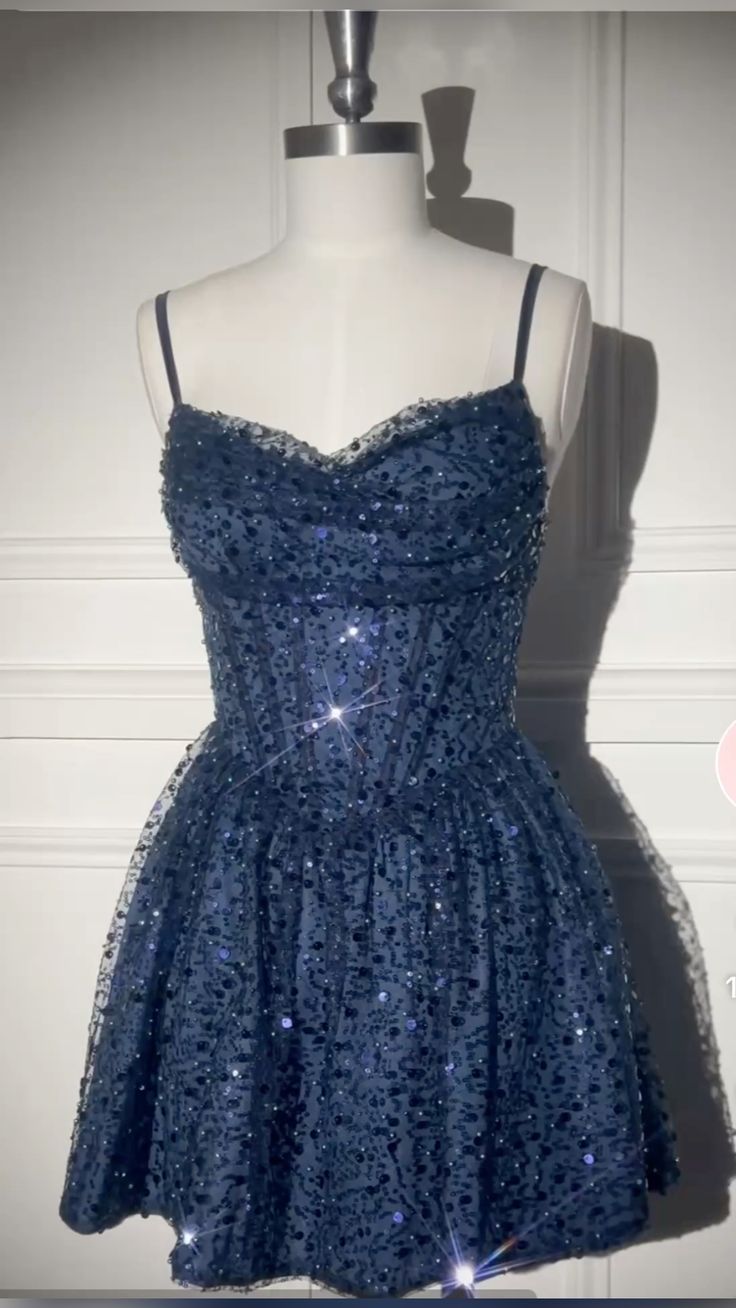 Classy Ball Gown Spaghetti Straps Navy Blue Sequin Mini Short High School Impress Inspo Graduation Dress Homecoming Dresses RB3327