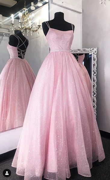 Prom Dress Sparkly Ball Gown Vestidos Pink Straps Tulle Floor Length Formal Gown for Women Graduation Party RB9444