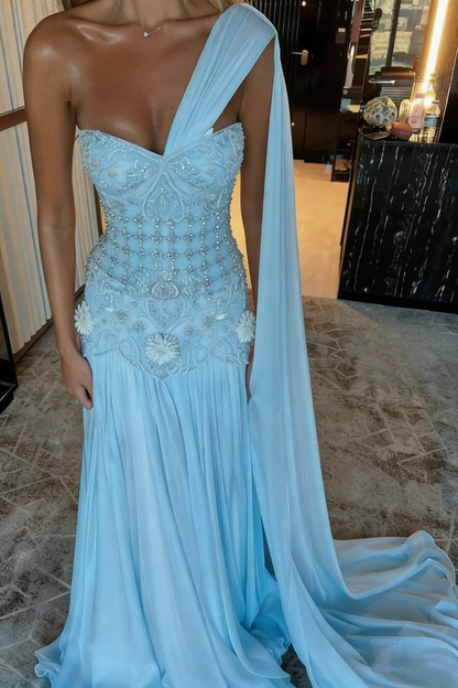 Exquisite Mermaid One Shoulder Pink Chiffon With Silver Beaded Prom Dresses Long Party Dress 18th Birthday Outfits Prom Gown RB1345