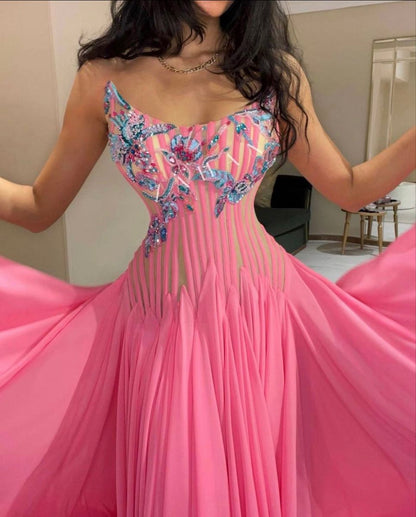 Sexy A line Strapless Pink Chiffon Drop Waist Evening Dresses Night Date Prom Dress For Women AB2550